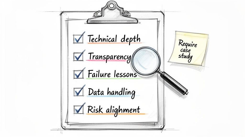 A checklist on a clipboard with checked items, a magnifying glass, and a 'Require case study' sticky note.