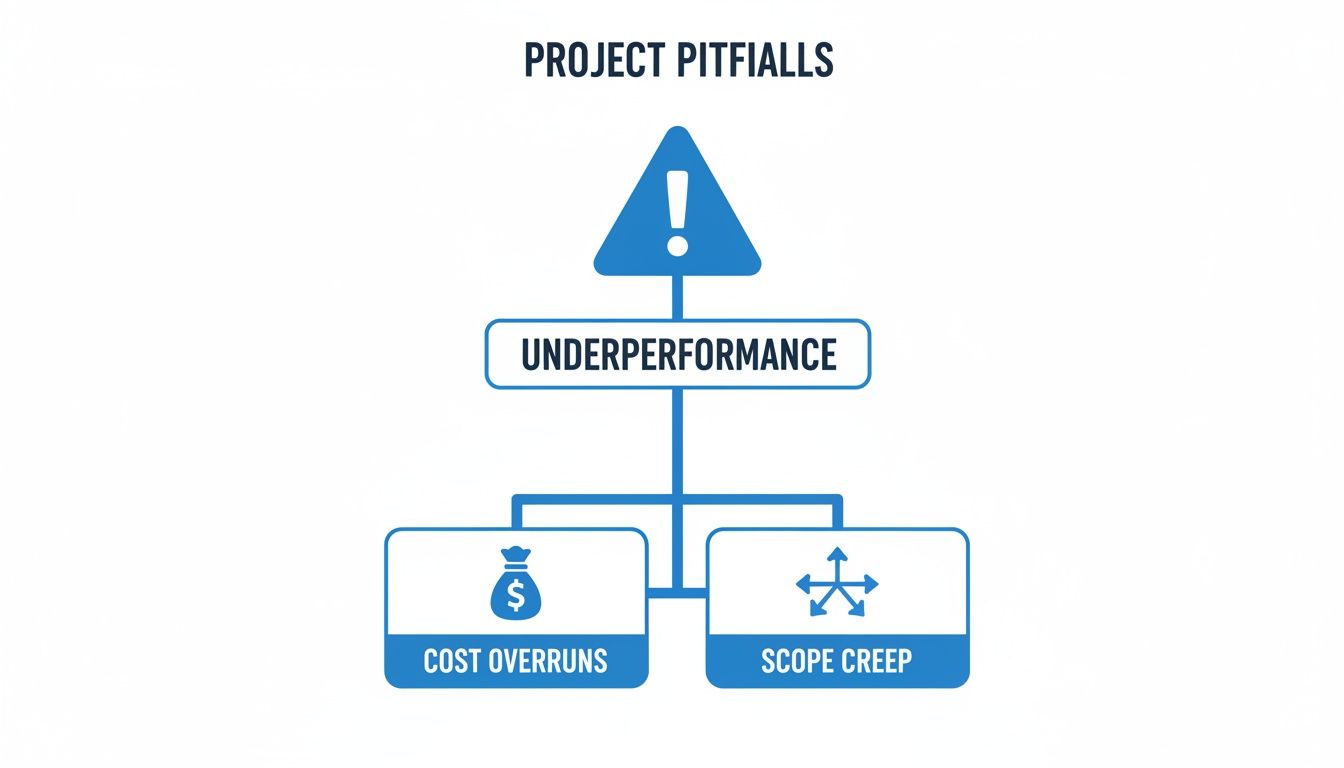 Diagram illustrating project pitfalls: underperformance leading to cost overruns and scope creep.