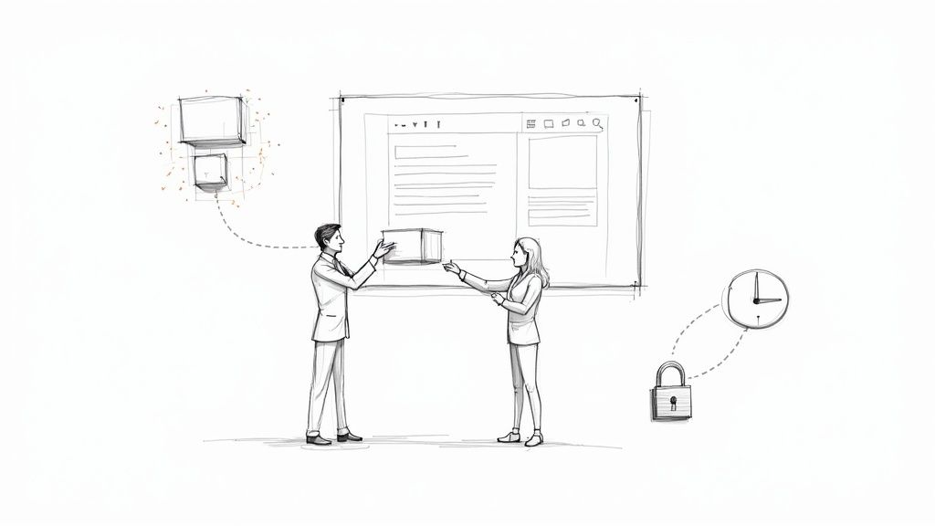 An illustration of two people exchanging a box in front of a large application screen, symbolizing data, time, and security.