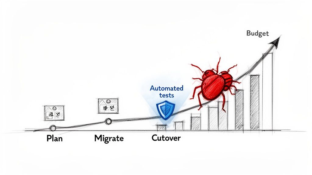 A graph showing 'Plan', 'Migrate', 'Cutover' phases, with 'Automated tests' shielding against rising 'Budget' due to bugs.