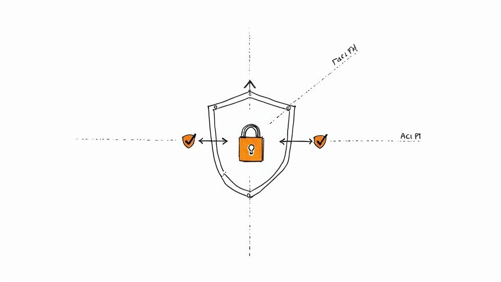 A conceptual diagram illustrates data security with a central shield, padlock, and designated access points.