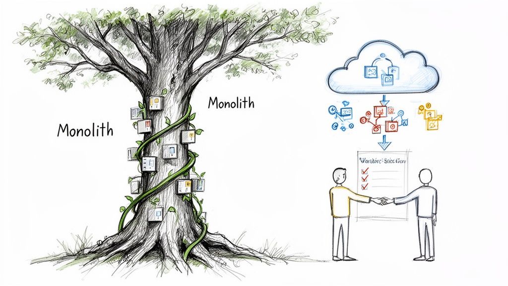 Visual comparison of monolithic software architecture (tree) and modern cloud microservices with vendor selection.