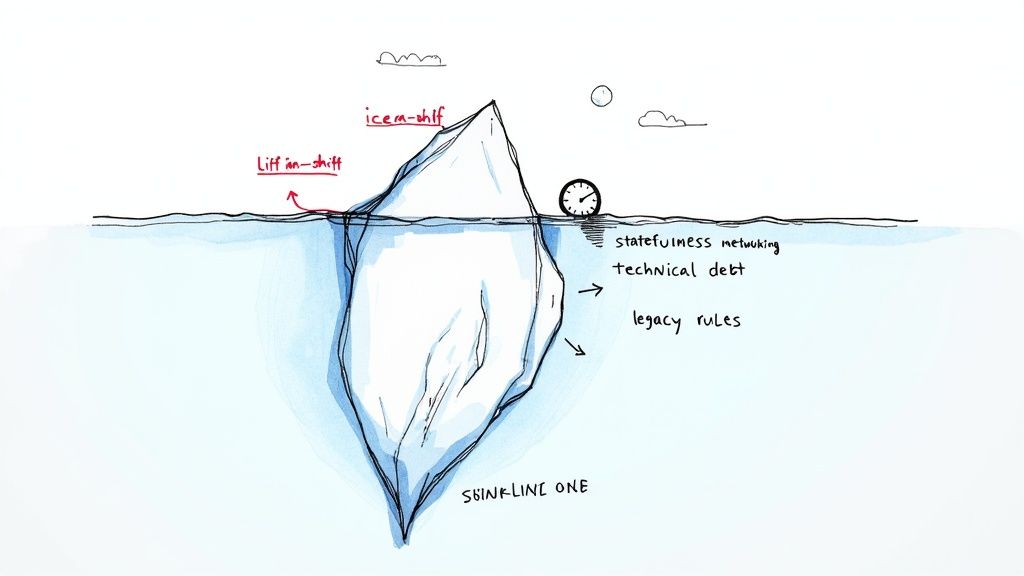Hand-drawn iceberg diagram showing visible elements and hidden complexities like technical debt and legacy rules.