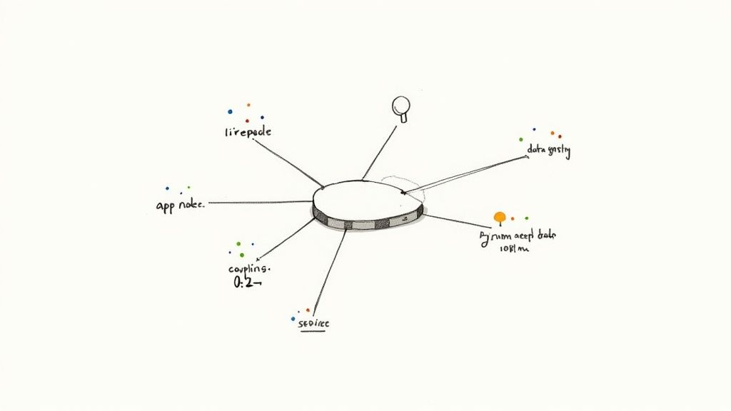 Hand-drawn conceptual diagram showing a central hub connecting various system components and data points.