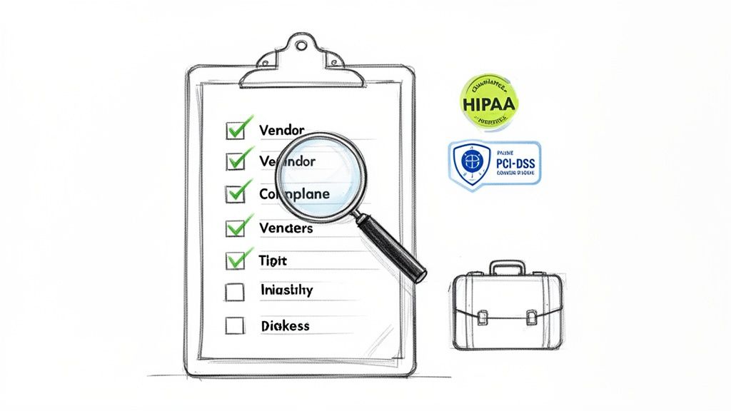 A compliance checklist with checked items, a magnifying glass, briefcase, and HIPAA and PCI-DSS certifications.