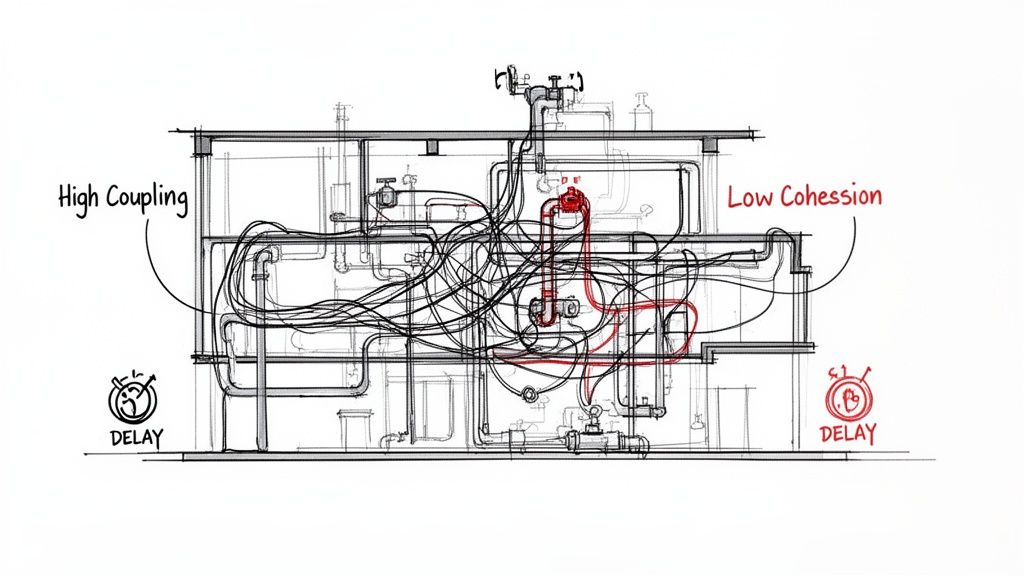 A complex diagram of tangled pipes and wires illustrating high coupling, low cohesion, and delays in a system.