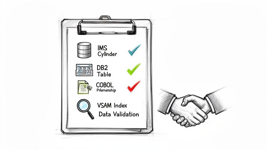 Hand-drawn image of a checklist for mainframe data migration, including IMS, DB2, COBOL, VSAM, and a handshake.