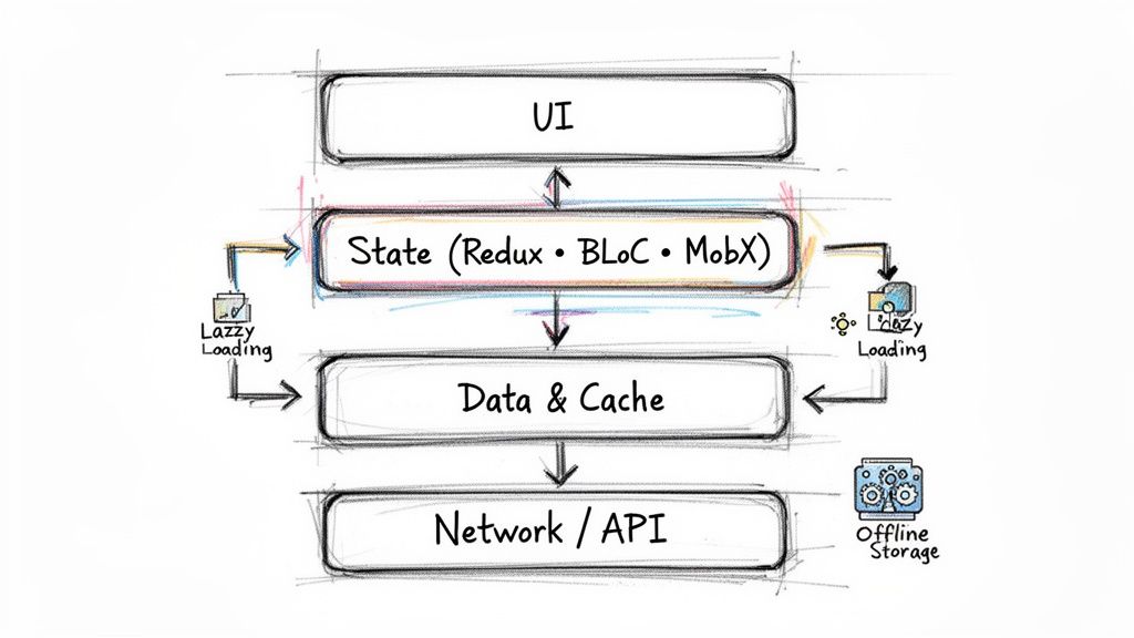 A software architecture diagram showing UI, State (Redux, BLoC, MobX), Data & Cache, and Network/API layers, with lazy loading and offline storage.