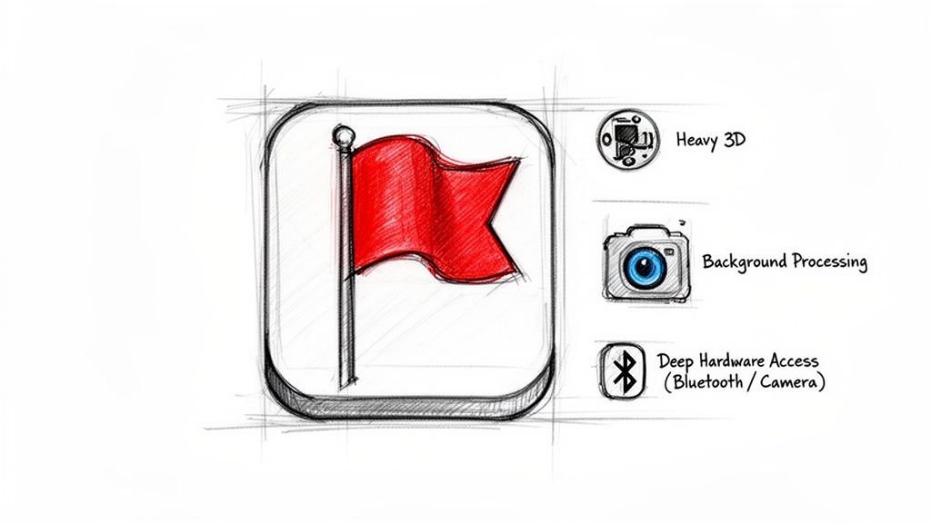 Sketch of a red flag app icon alongside icons for heavy 3D, background processing, and deep hardware access.