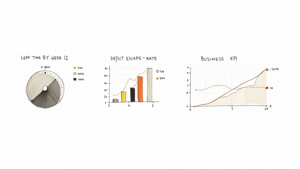 Hand-drawn business charts visualizing lead time, defect escape rate, and key performance indicators.