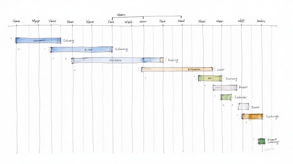 A hand-drawn project timeline with various tasks and their durations across different phases.