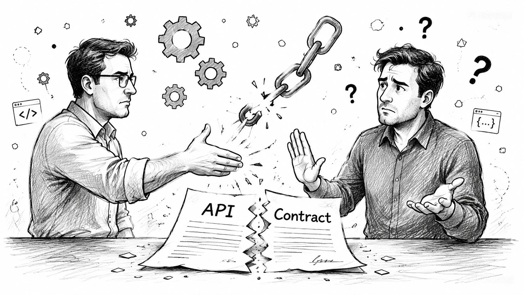 A black and white line drawing of two men disagreeing over a broken API contract document.
