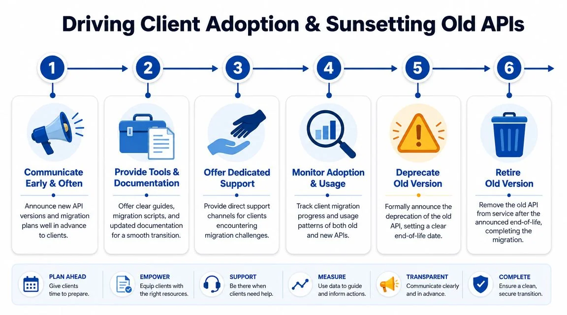 A six-step infographic illustrating a clear strategy for driving client adoption and sunsetting legacy API versions effectively.