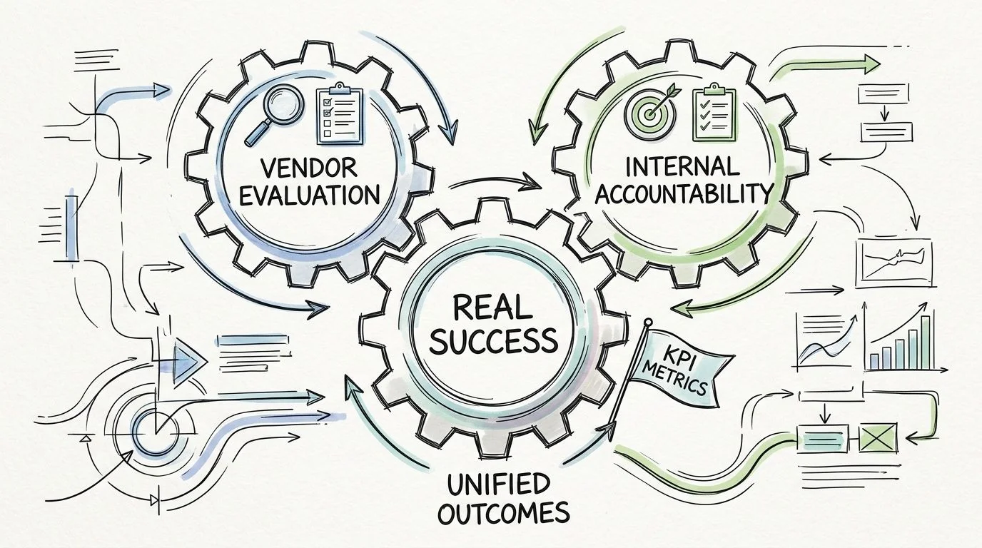 A hand-drawn illustration showing how vendor evaluation and internal accountability work together for real success and outcomes.