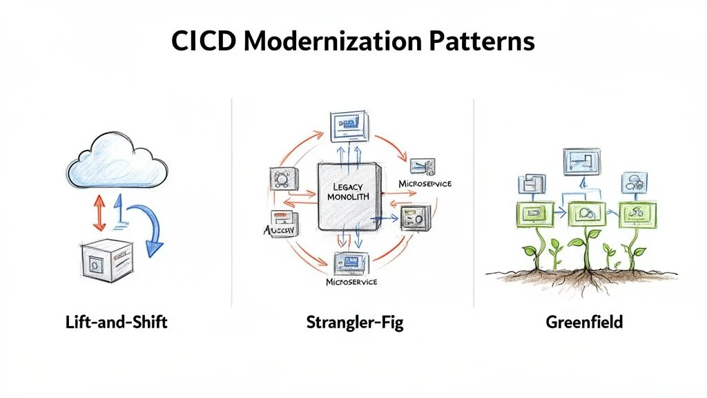 Three CICD modernization patterns: Lift-and-Shift, Strangler-Fig, and Greenfield strategies.