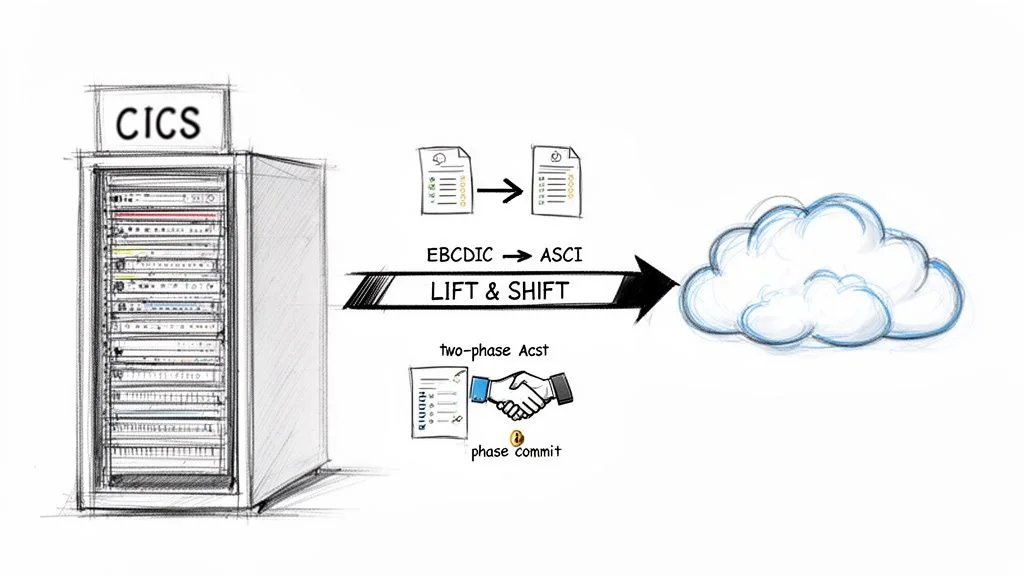 Diagram illustrating the 'Lift & Shift' migration of CICS mainframe applications and EBCDIC data to ASCII in the cloud with two-phase commit.
