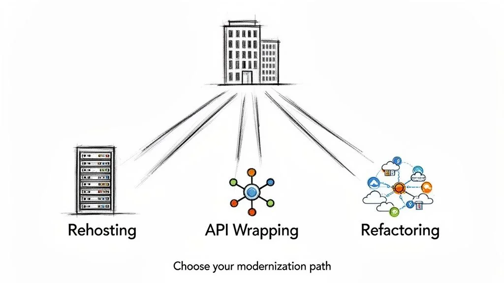 Illustration showing three application modernization paths: Rehosting, API Wrapping, and Refactoring, from a legacy system.