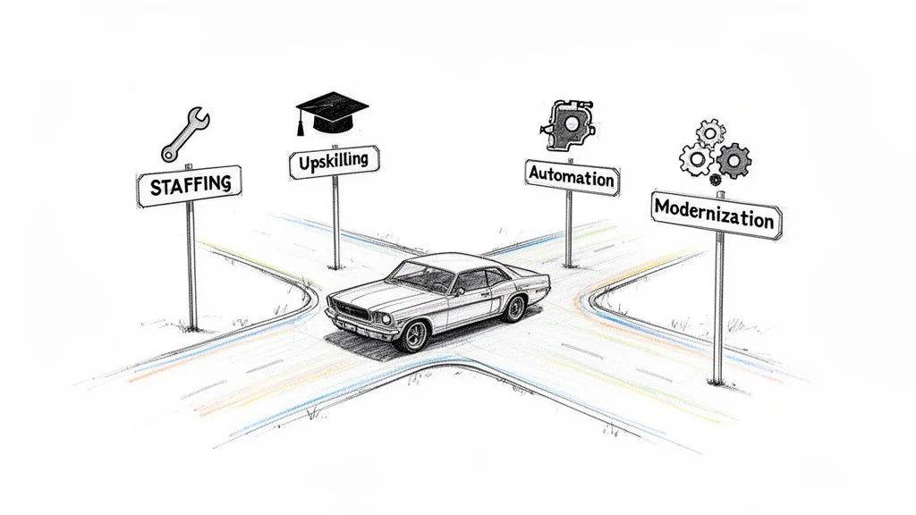 Car at a crossroads with signs for Staffing, Upskilling, Automation, and Modernization solutions.