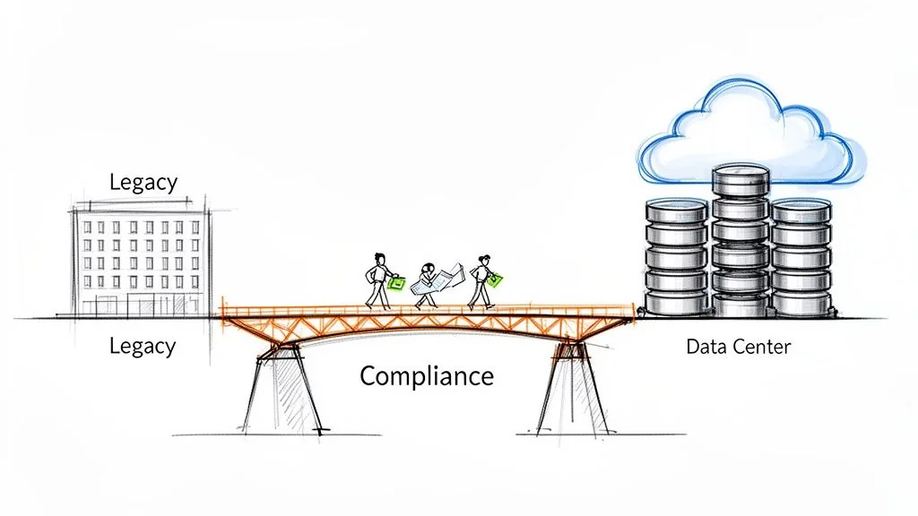 Illustration depicting data migration from legacy systems to a cloud data center via a compliance bridge.