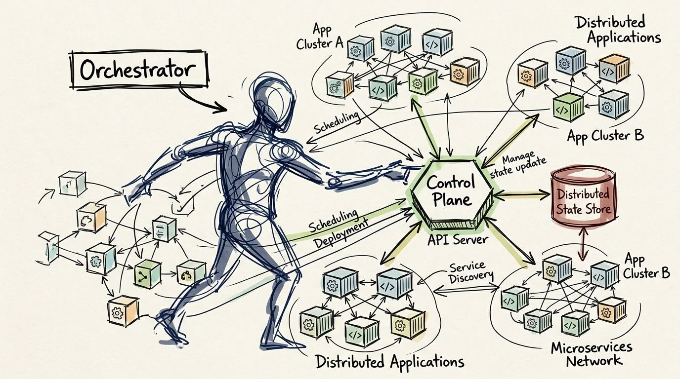 A hand-drawn sketch illustrating a container orchestrator managing a control plane, distributed applications, and cluster infrastructure.