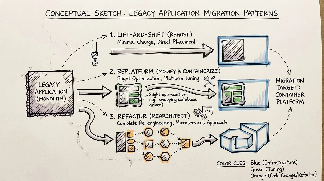 A hand-drawn diagram illustrating three migration patterns for legacy applications including lift-and-shift, replatforming, and refactoring.