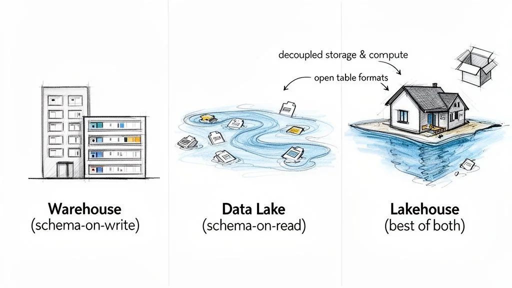 Infographic comparing data warehouse, data lake, and lakehouse architectures, highlighting their schema and characteristics.