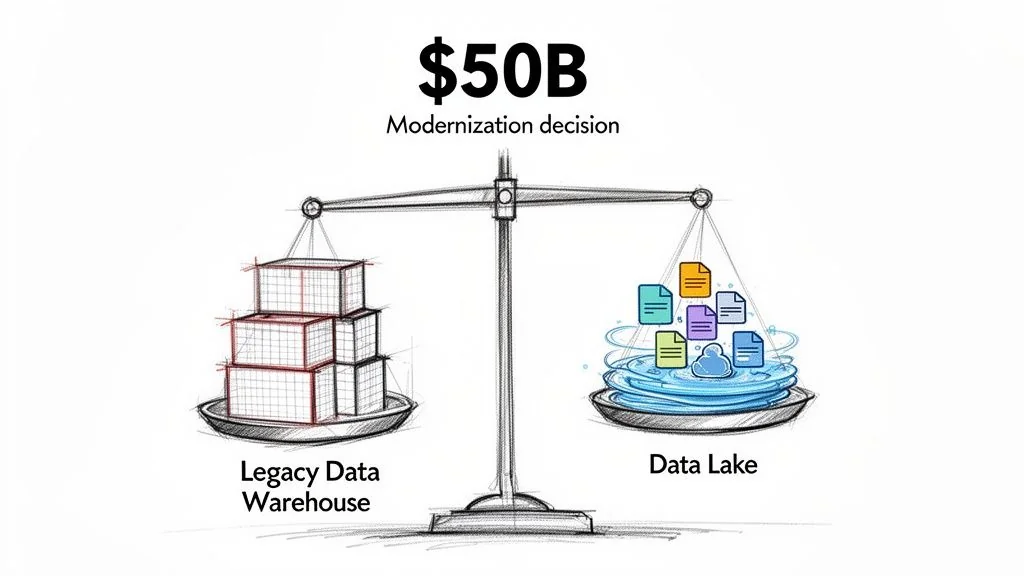 A scale balancing Legacy Data Warehouse versus Data Lake for a $50B modernization decision.