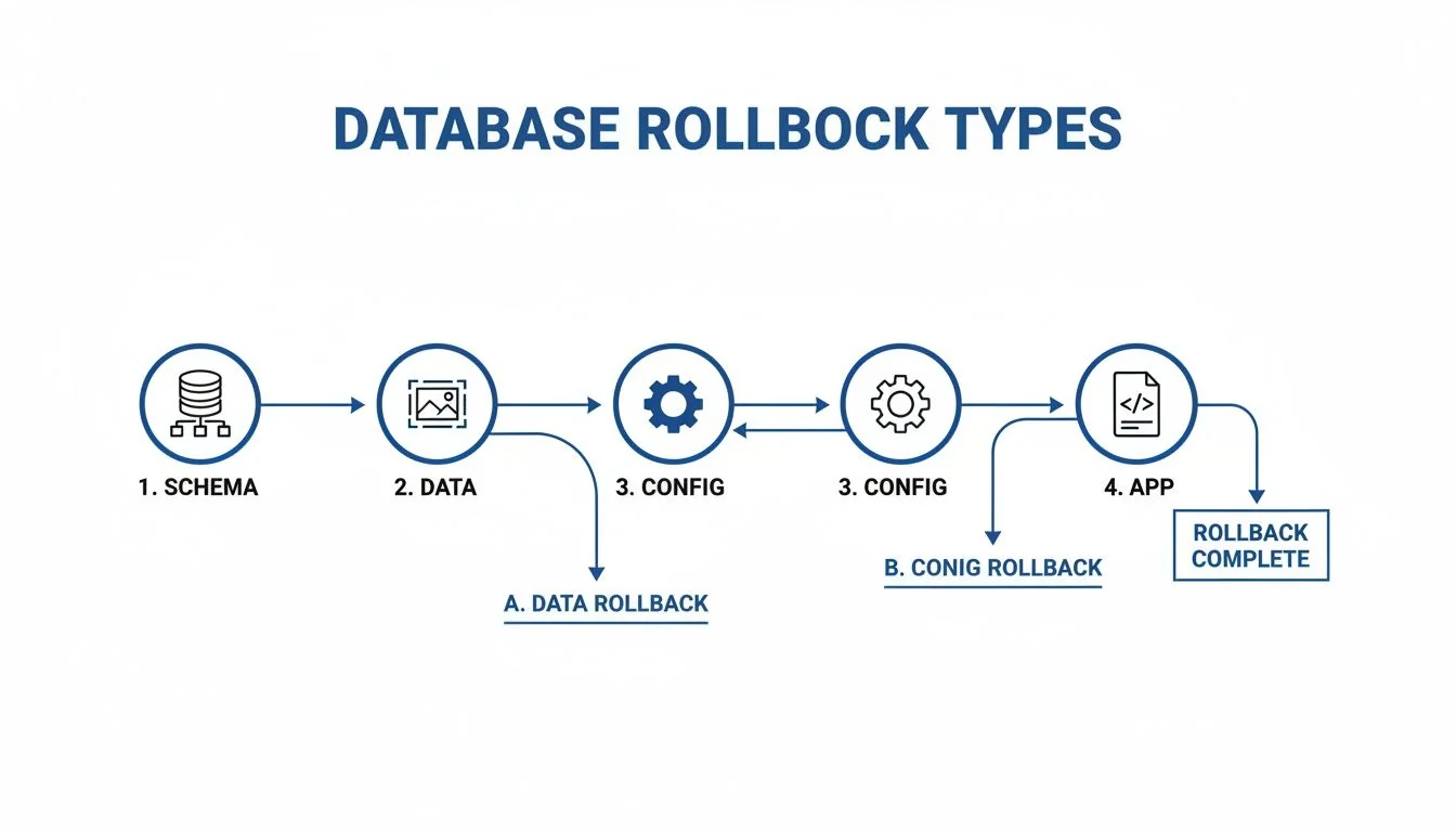 Flowchart illustrating database rollback types, detailing schema, data, config, and application stages.