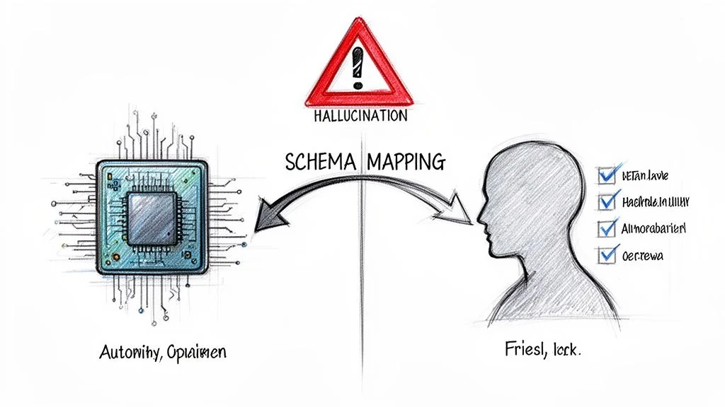 An illustration of data processing from a CPU to a human mind via schema mapping, with hallucination risk.