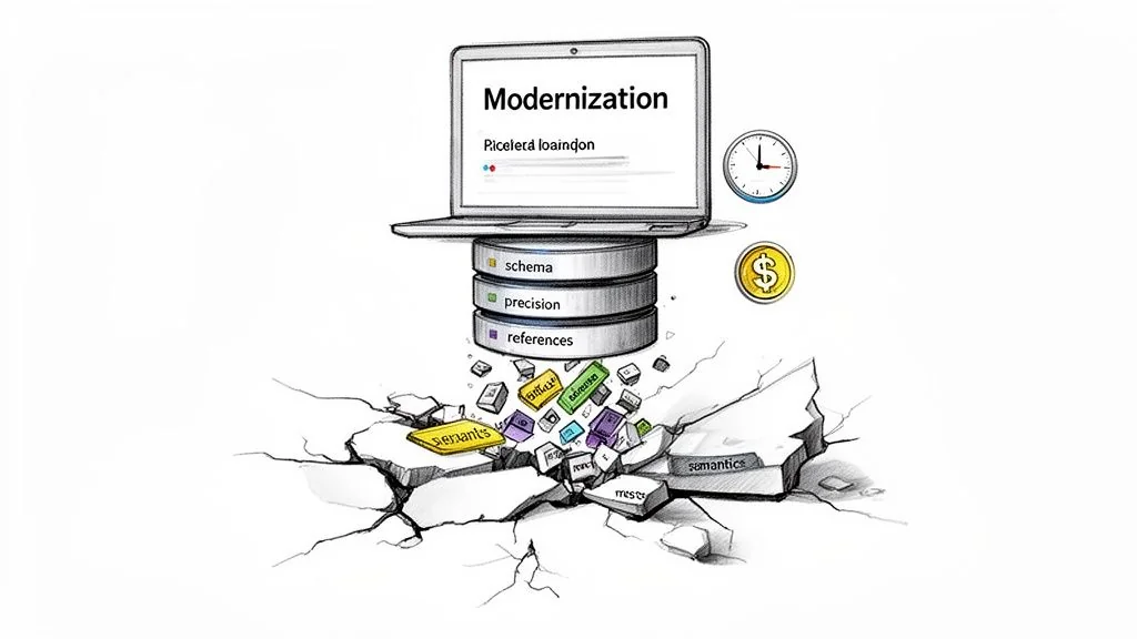 An illustration of a laptop on data disks, with data blocks breaking through cracked ground, symbolizing modernization.
