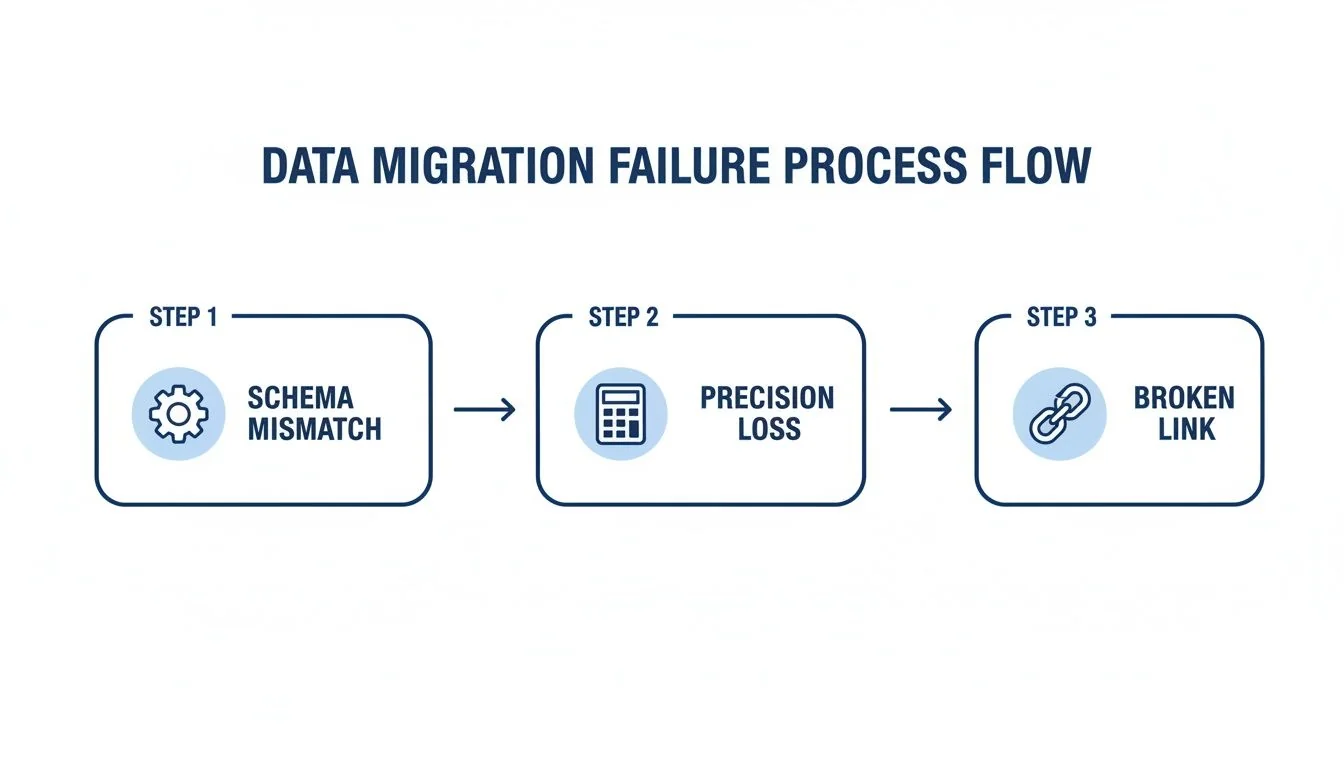 Diagram illustrating the three steps of a data migration failure process flow: schema mismatch, precision loss, and broken link.