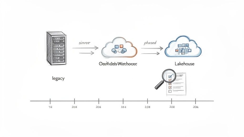 Diagram illustrating data modernization from legacy systems to a cloud data warehouse and then a lakehouse.