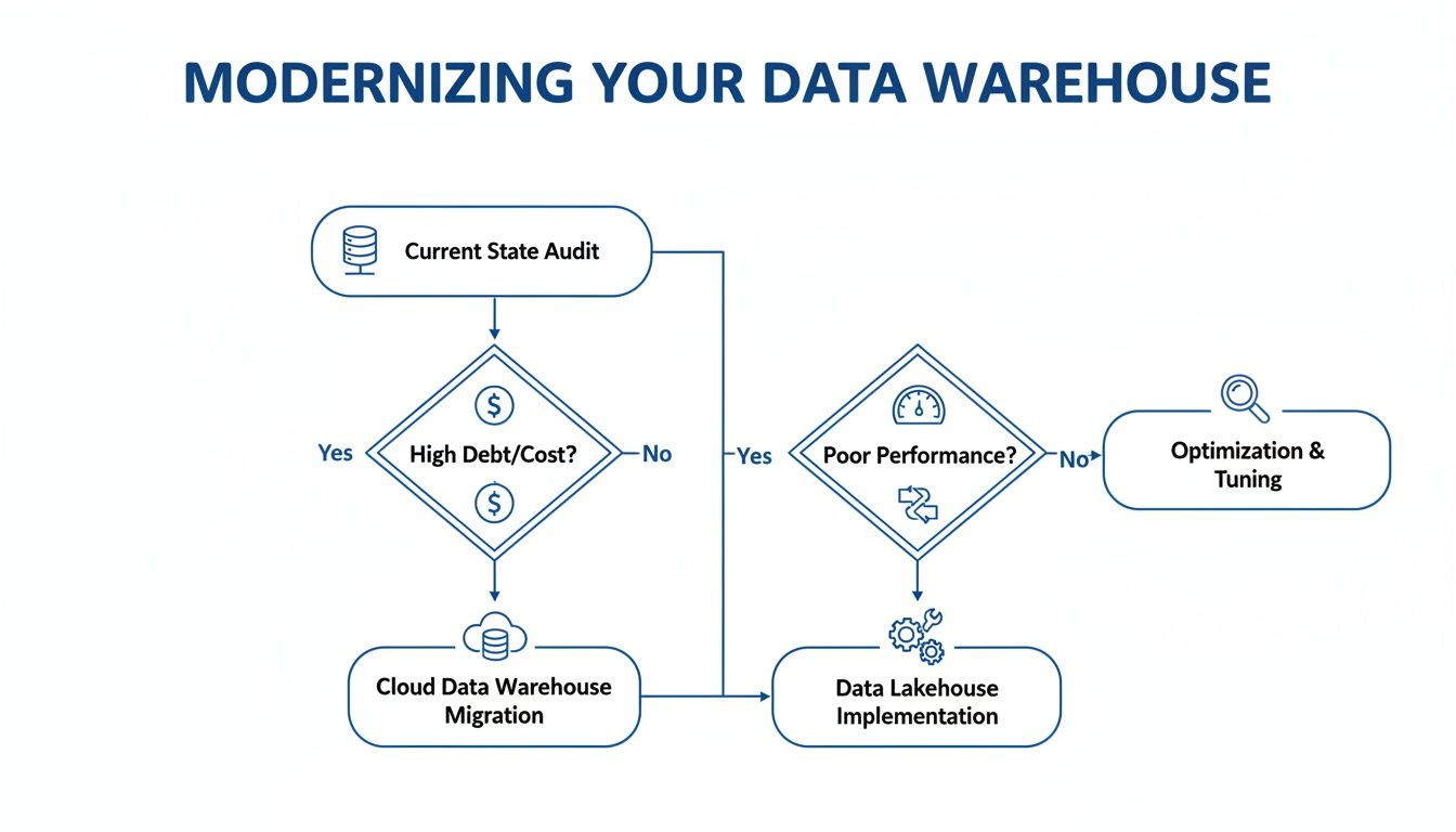 A flowchart detailing steps for modernizing a data warehouse, considering cost, performance, and implementation paths.