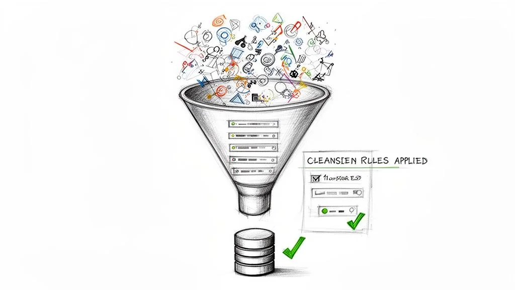 A funnel processes messy data with cleansing rules, transforming it into clean, structured data for a database.