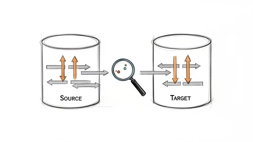 Diagram showing data migration from a source to a target with verification via a magnifying glass.
