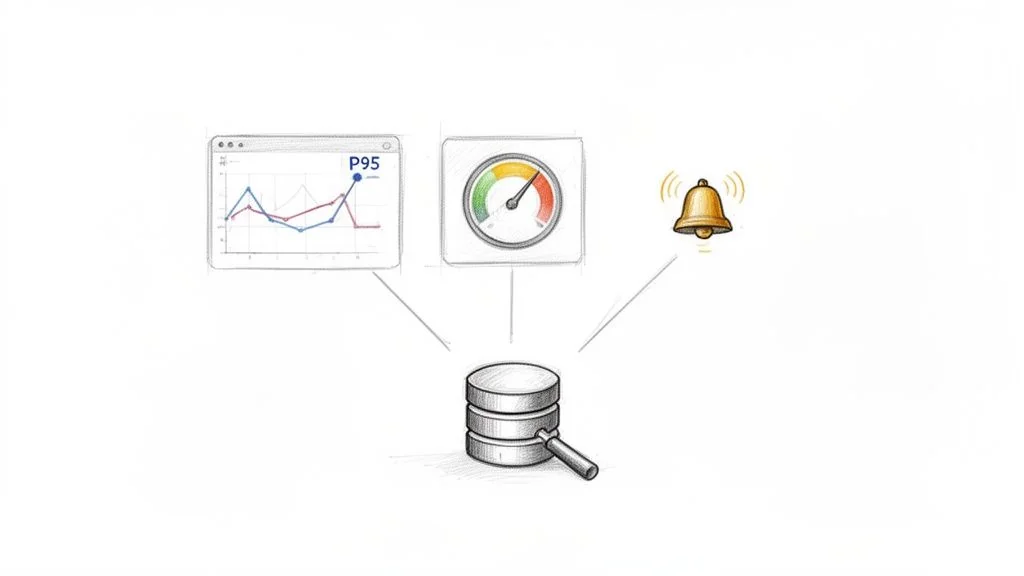 Database connected to a performance graph (P95), a speedometer, and a ringing alert bell, representing monitoring.