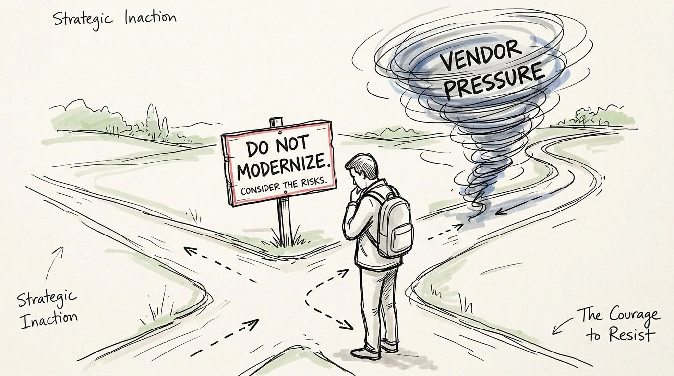 A person standing at a crossroads deciding between strategic inaction and resisting vendor pressure to modernize.
