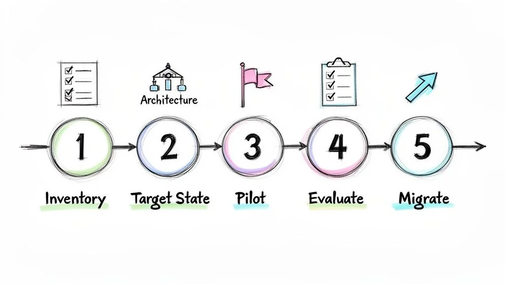 A 5-step modernization process flowchart: Inventory, Target State, Pilot, Evaluate, and Migrate.