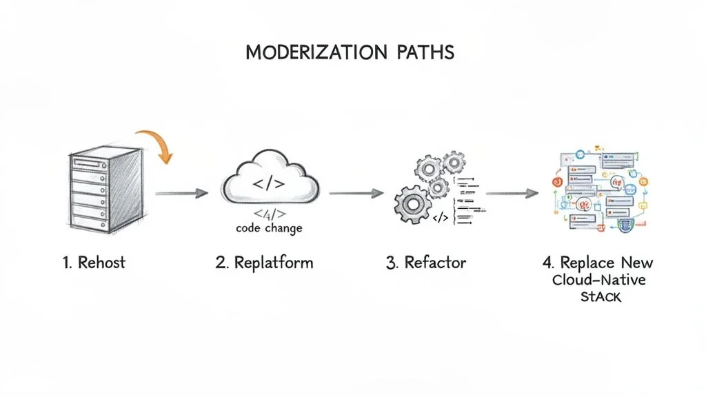 Diagram illustrating four application modernization strategies: Rehost, Replatform, Refactor, and Replace with cloud-native.