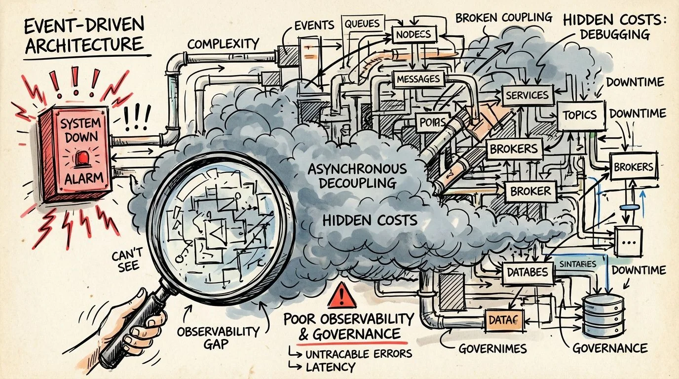 A hand-drawn illustration depicting the complexity and hidden debugging costs of an event-driven architecture system.
