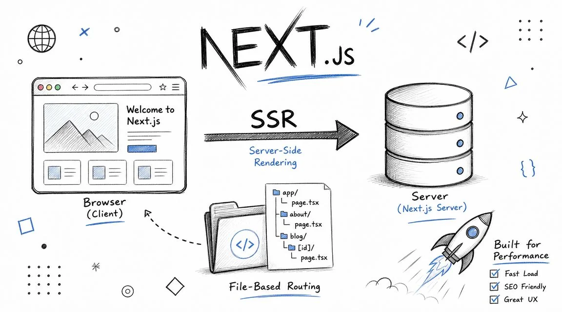 A hand-drawn illustration explaining the Next.js framework, featuring browser, server, and file-based routing components.