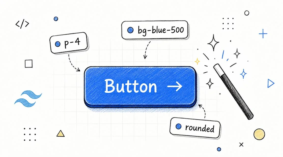 A hand-drawn illustration showing a blue button labeled Button with Tailwind CSS utility class annotations.