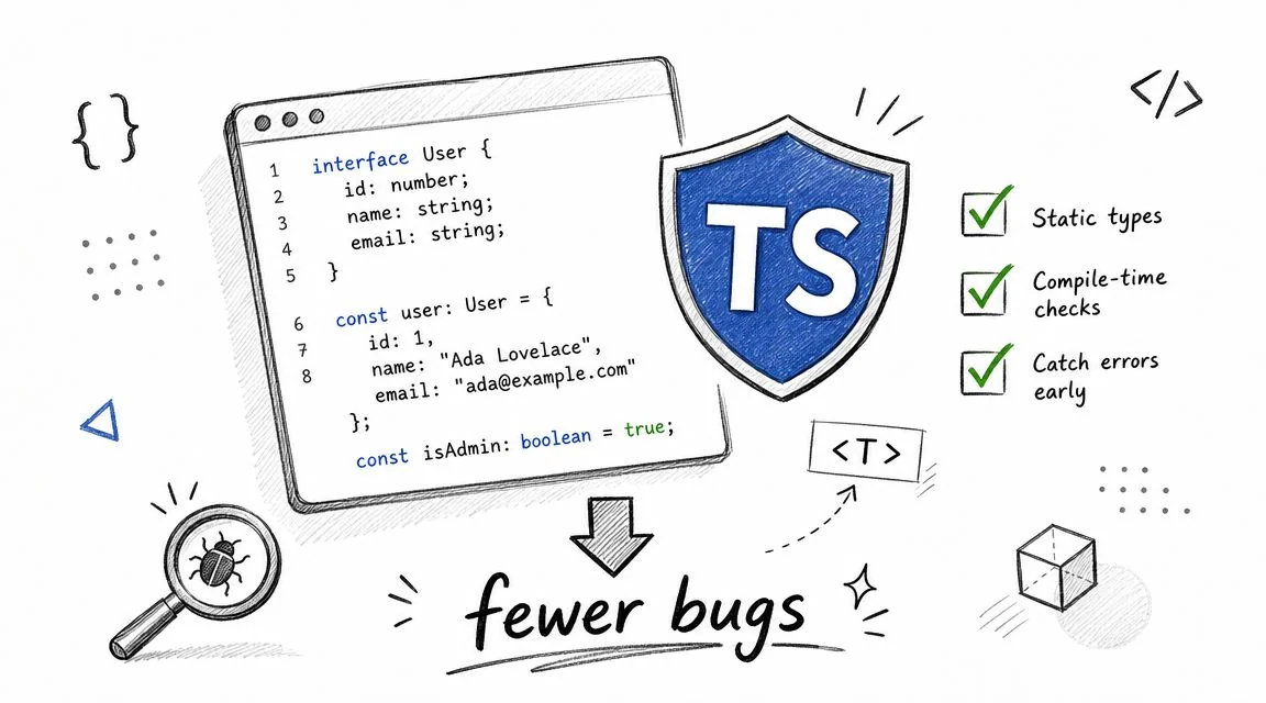 A hand-drawn illustration showing a TypeScript code snippet with its key benefits like static typing and fewer bugs.