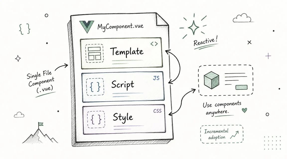 A hand-drawn illustration showing the structure of a Vue.js single file component with template, script, and style.