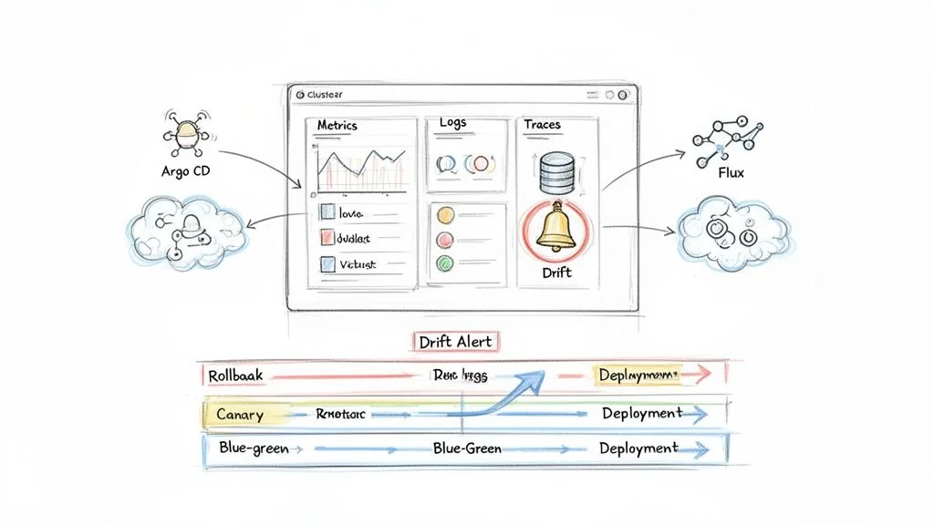 Diagram illustrating a GitOps architecture with Argo CD, Flux, monitoring dashboard detecting drift, and deployment strategies.