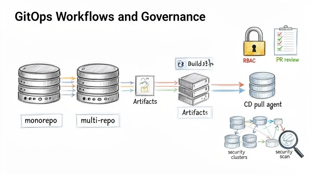 GitOps workflow diagram with monorepo, multi-repo, artifacts, CD pull agent, RBAC, PR review, and security scans.