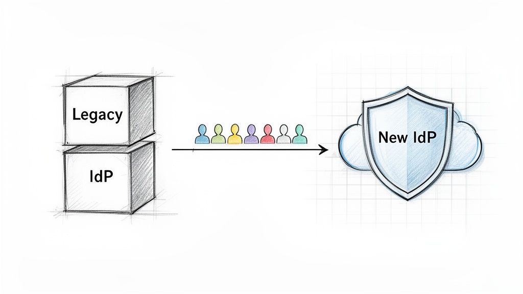 Illustration showing the migration of users from a legacy Identity Provider to a new, cloud-based IdP.