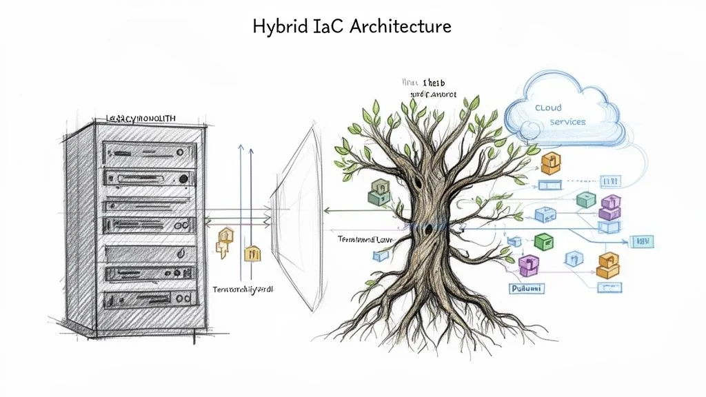 Hybrid IaC architecture diagram showing a legacy monolith connected to cloud services via IaC tools.