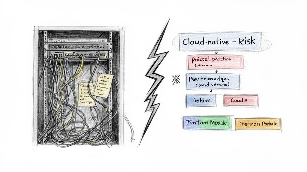 A drawing contrasting a chaotic legacy server rack with tangled cables and a structured cloud-native architecture flowchart.