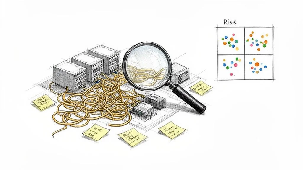 A detailed drawing of a data center with tangled cables, a magnifying glass, and a risk matrix.